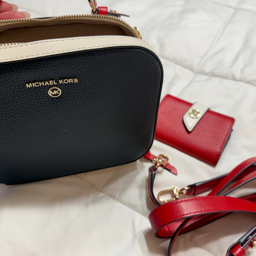 Michael Kors Navy Blue and Cream Crossbody Bag with Red Accents